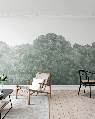Tapet Belle Buisson, Turquoise, cu design delicat de frunze în nuanțe de verde și albastru.