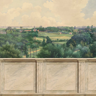 Tapet Panorama Views, Vintage Gold, cu o panoramă superbă, pictată cu o notă vintage.