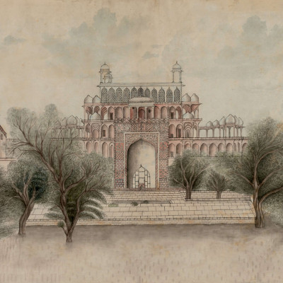 Tapet The Temple, Pink, cu un design asiatic unic și elegant, care prezintă un templu vechi cu detalii intricate.