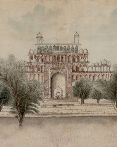 Tapet The Temple, Pink, cu un design asiatic unic și elegant, care prezintă un templu vechi cu detalii intricate.