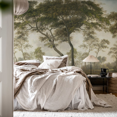 Tapet The Green Forest, Morning, cu un design de pădure verde,  ideal pentru dormitor sau living