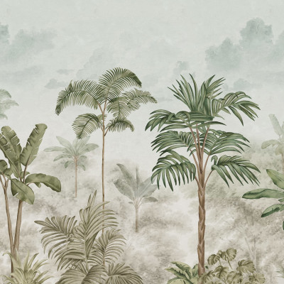 Wallpaper Jungle Horizon, Verde, cu palmieri si frunze de bananier, pe un perete din living.