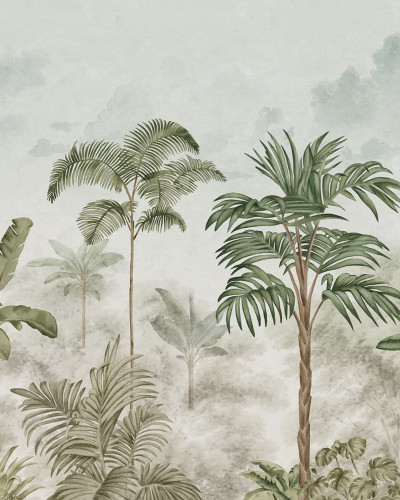 Wallpaper Jungle Horizon, Verde, cu palmieri si frunze de bananier, pe un perete din living.