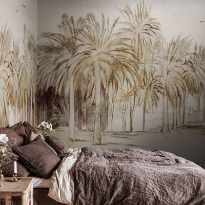 Tapet Ocean Palms, Beige, cu palmieri în nuanțe de bej.