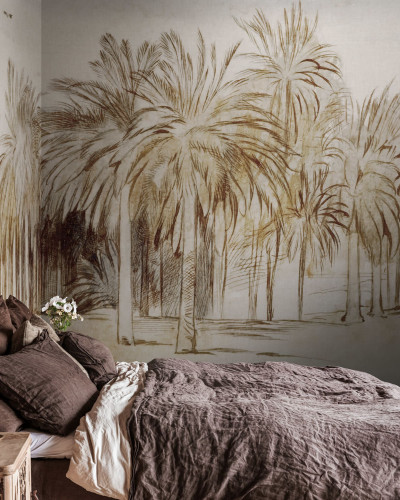 Tapet Ocean Palms, Beige, cu palmieri în nuanțe de bej.