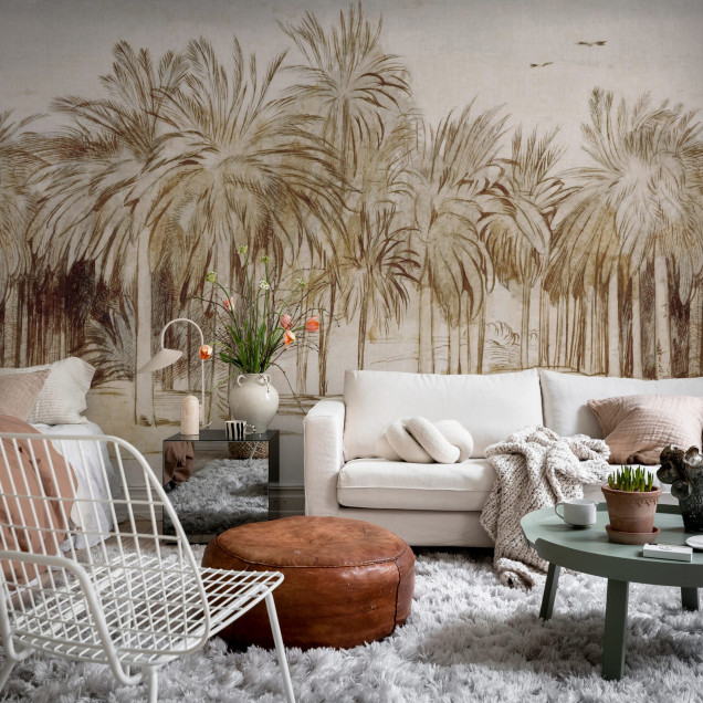 Tapet Ocean Palms, Beige, cu palmieri în nuanțe de bej.