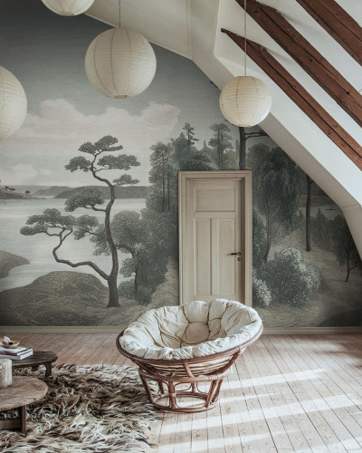 Tapet cu design minimalist, Lake View, Blue, ce ilustrează un peisaj cu un lac și copaci.