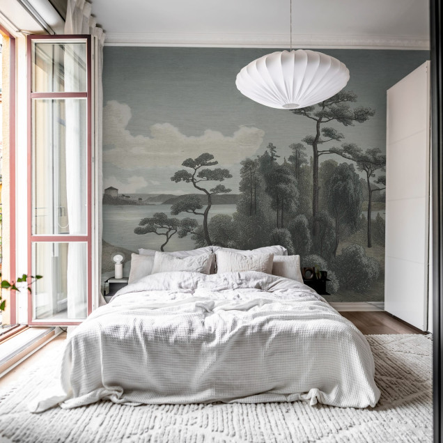 Tapet cu design minimalist, Lake View, Blue, ce ilustrează un peisaj cu un lac și copaci.