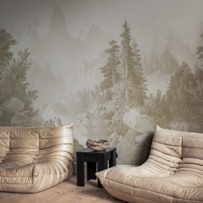 Wallpaper Mountain Horizon, Beige - un wallpaper minimalist cu un peisaj montan liniștitor