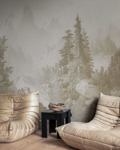 Wallpaper Mountain Horizon, Beige - un wallpaper minimalist cu un peisaj montan liniștitor