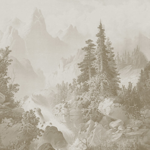 Wallpaper Mountain Horizon, Beige - un wallpaper minimalist cu un peisaj montan liniștitor