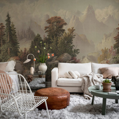 Tapet vintage Mountain Horizon cu un design captivant al unui peisaj montan.