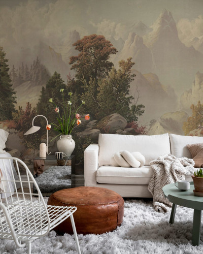 Tapet vintage Mountain Horizon cu un design captivant al unui peisaj montan.