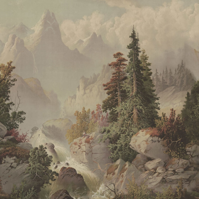Tapet vintage Mountain Horizon cu un design captivant al unui peisaj montan.