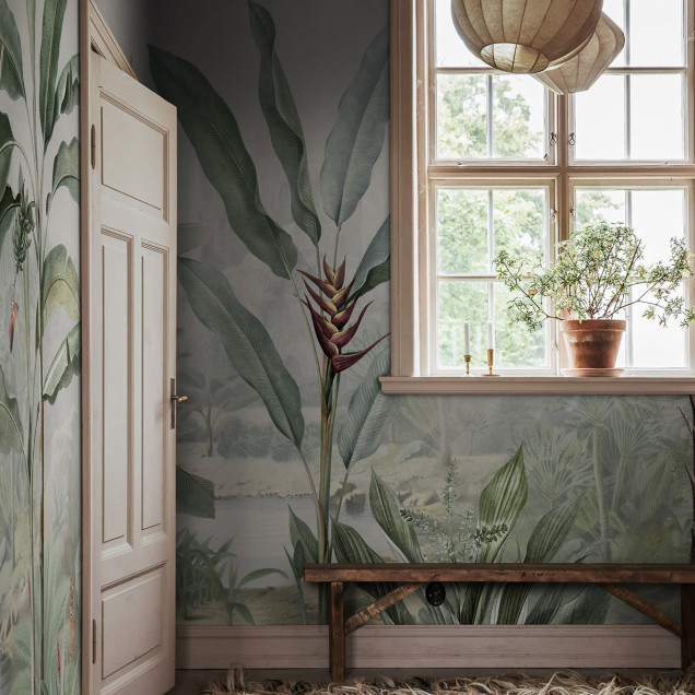 Tapet cu palmieri tropicali, vintage, cu frunze verzi și un design elegant