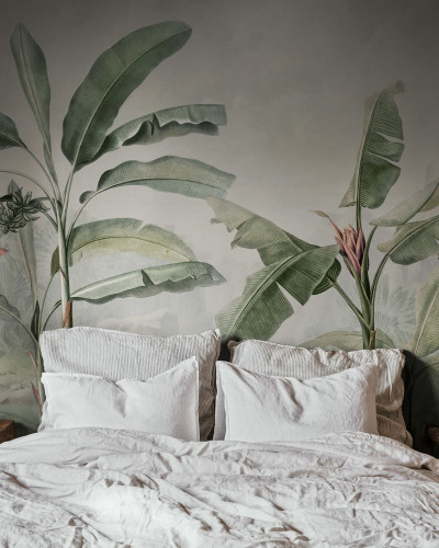 Tapet cu palmieri tropicali, vintage, cu frunze verzi și un design elegant