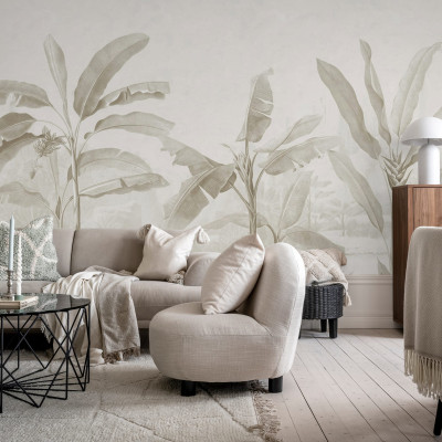 Tapet Tropical Palms, Beige, cu palmieri in nuante de bej pe un fundal neutru.