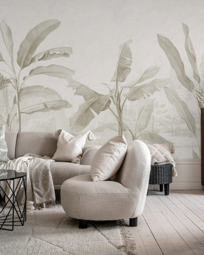 Tapet Tropical Palms, Beige, cu palmieri in nuante de bej pe un fundal neutru.
