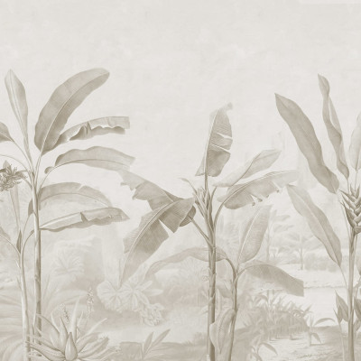 Tapet Tropical Palms, Beige, cu palmieri in nuante de bej pe un fundal neutru.