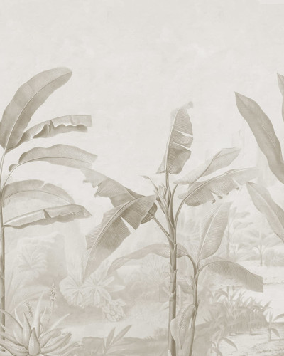 Tapet Tropical Palms, Beige, cu palmieri in nuante de bej pe un fundal neutru.
