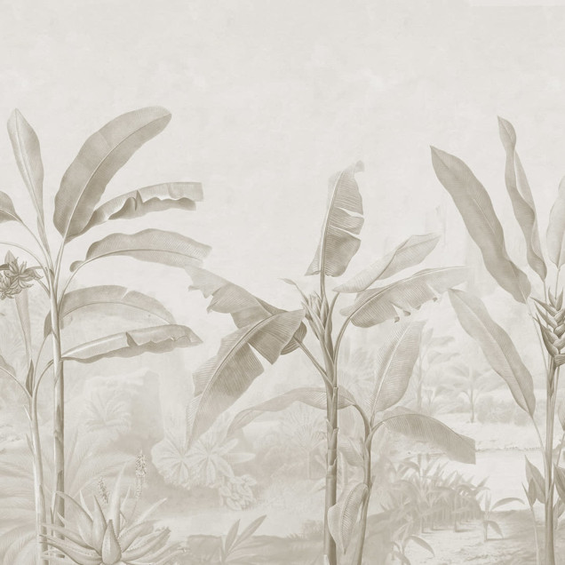 Tapet Tropical Palms, Beige, cu palmieri in nuante de bej pe un fundal neutru.