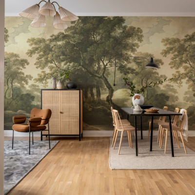 Tapet cu design clasic The Vintage Grove, Green cu copaci si cer senin, perfect pentru un look relaxant si elegant