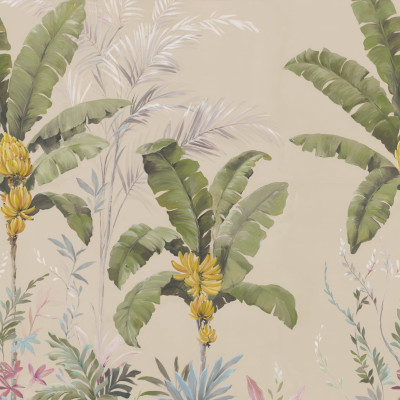 Tapet cu palmieri și banane, cu design tropical, în tonuri de bej