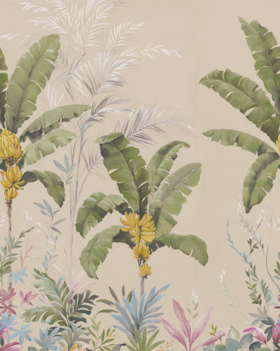 Tapet cu palmieri și banane, cu design tropical, în tonuri de bej