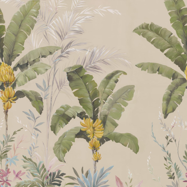 Tapet cu palmieri și banane, cu design tropical, în tonuri de bej
