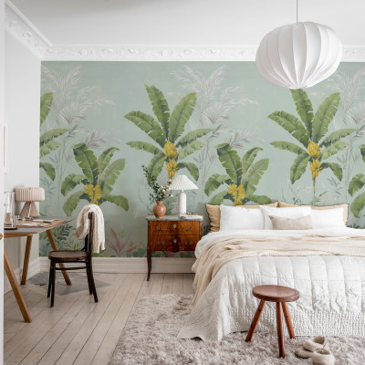 Tapet tropical cu palmieri și banane, Banana Tree Jungle, Light Blue