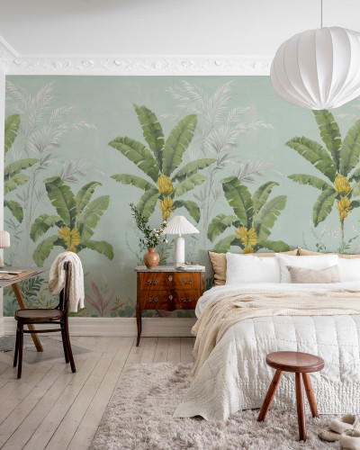 Tapet tropical cu palmieri și banane, Banana Tree Jungle, Light Blue
