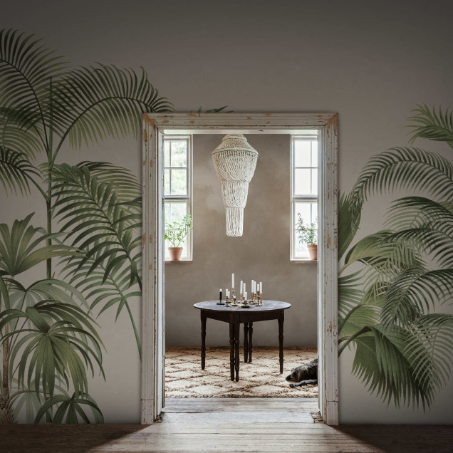 Tapet cu palmieri tropicali in stil retro. Design unic pentru un interior exotic.