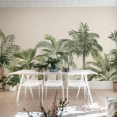 Tapet cu palmieri tropicali in stil retro. Design unic pentru un interior exotic.
