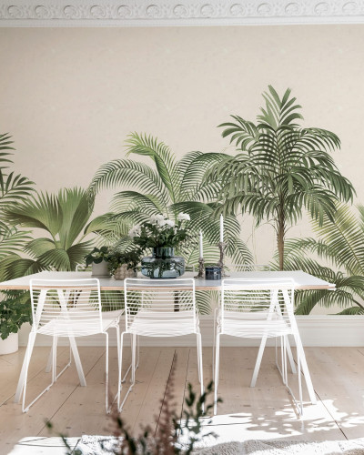 Tapet cu palmieri tropicali in stil retro. Design unic pentru un interior exotic.