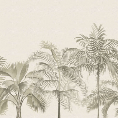 Tapet cu design tropical in nuante de bej, gri si verde, perfect pentru dormitor, living sau birou.