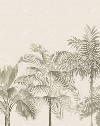 Tapet cu design tropical in nuante de bej, gri si verde, perfect pentru dormitor, living sau birou.