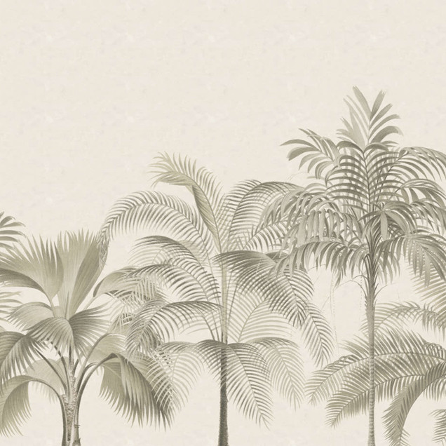 Tapet cu design tropical in nuante de bej, gri si verde, perfect pentru dormitor, living sau birou.