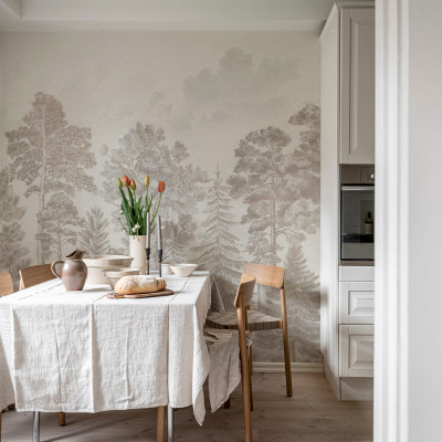 Tapet cu motive scandinave vintage într-o sufragerie elegantă