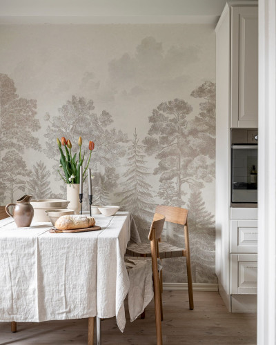 Tapet cu motive scandinave vintage într-o sufragerie elegantă