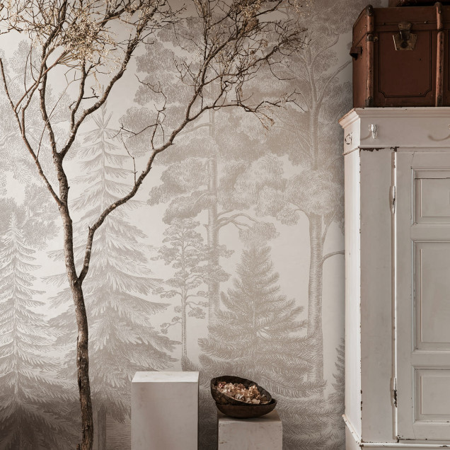 Tapet cu motive scandinave vintage într-o sufragerie elegantă