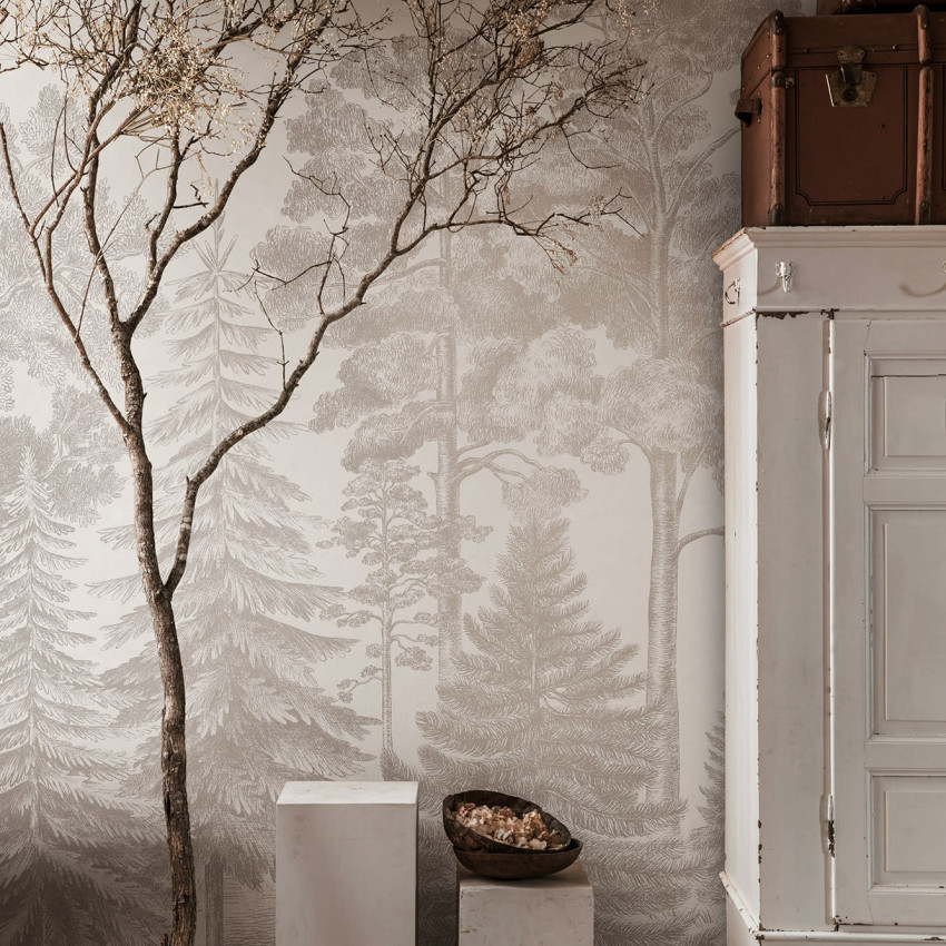 Tapet cu design scandinav reprezentând o pădure de iarnă într-o sufragerie