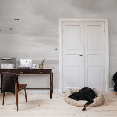 Tapet cu pasari, design minimalist, in culori gri