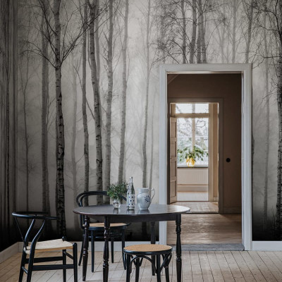 Tapet cu design monocromatic al unei păduri de mesteacăn