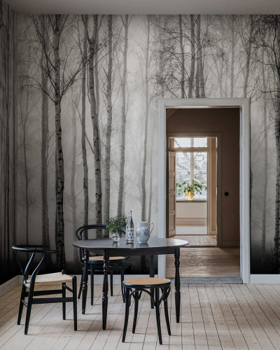 Tapet cu design monocromatic al unei păduri de mesteacăn