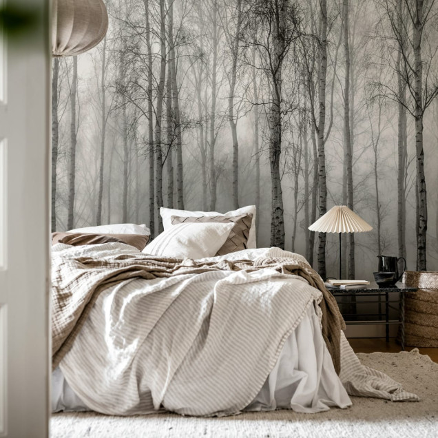 Tapet cu design monocromatic al unei păduri de mesteacăn