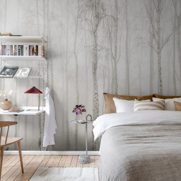 Tapet Birch Fog, White, cu aspect de pădure de mesteacăn