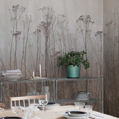 Tapet Autumn Haze, Beige, cu design minimalist, în tonuri neutre, cu motive de iarbă uscată pe un fundal gri-bej.
