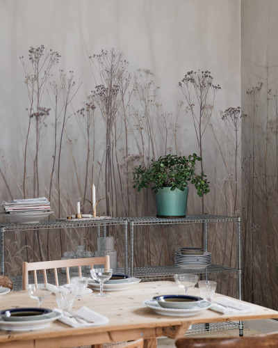 Tapet Autumn Haze, Beige, cu design minimalist, în tonuri neutre, cu motive de iarbă uscată pe un fundal gri-bej.