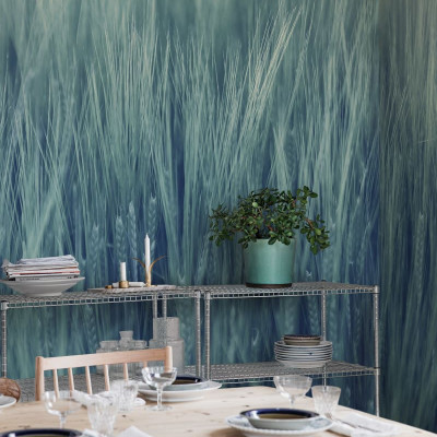 Tapet Rye Field, Turquoise, cu un design minimalist ce include un câmp de grâu în nuanțe de verde-albăstrui.