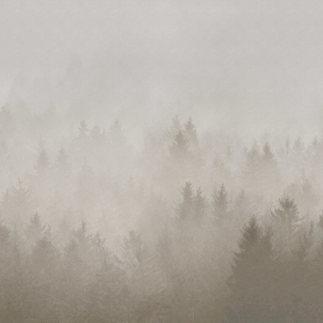 Fototapet cu peisaj de pădure în ceață, nuanțe de bej, într-un dormitor modern.